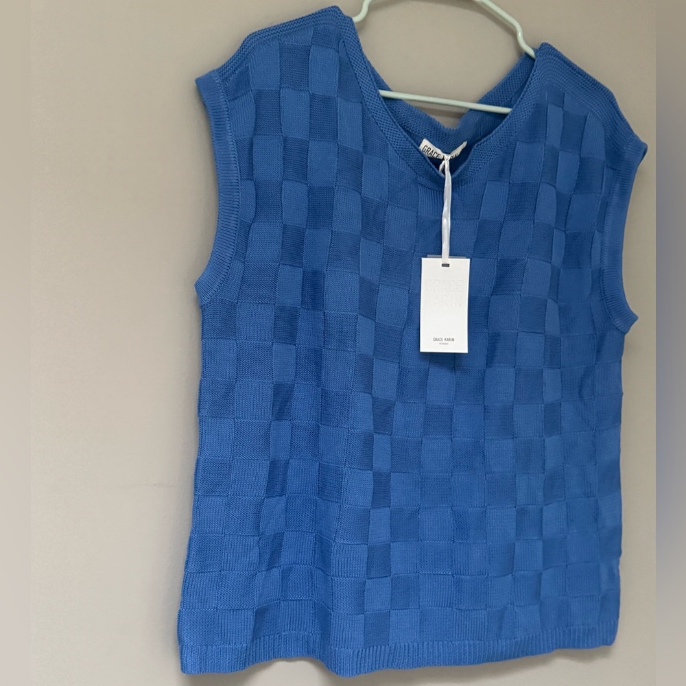NWT Grace Karin Blue Checkered Sweater Vest Medium Knit Preppy Layered